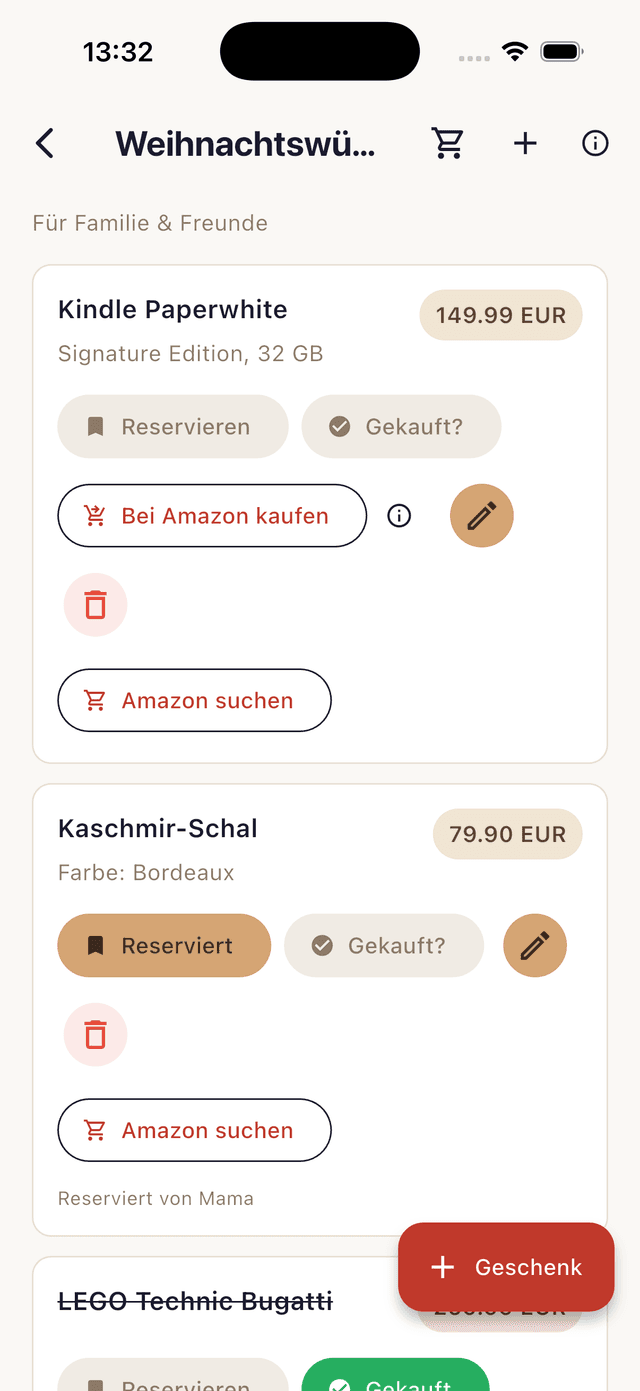 Wunschliste mit Geschenken und Amazon-Kaufbutton